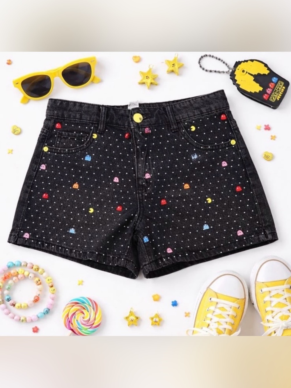 Justice Girl’s Pac-Man Denim Jean Shorts Size 14 80s Embellished